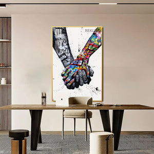 Holding Hands Painting Wall Art | Colourful Art Print With Gold/Black Alloy Frame, Remote & Plug | 100 × 150 cm | By REKLINE