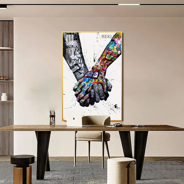 Holding Hands Painting Wall Art | Colourful Art Print With Gold/Black Alloy Frame, Remote & Plug | 100 × 150 cm | By REKLINE