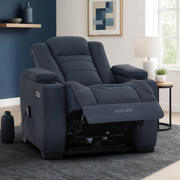 Home Cinema Chair in Blue Real Leather | Luxury for Gaming & Movie Theatre Seating | Electric Recliner with 8-Point Massage, Heated Seats & Power Headrests | Napoli by REKLINE