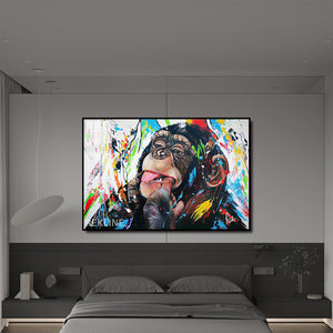 Colorful Chimp LED Canvas | Horizontal Monkey Canvas 150×100 cm | LED-Illuminated Crystal-Porcelain Painting, Gold/Black Frame | By REKLINE