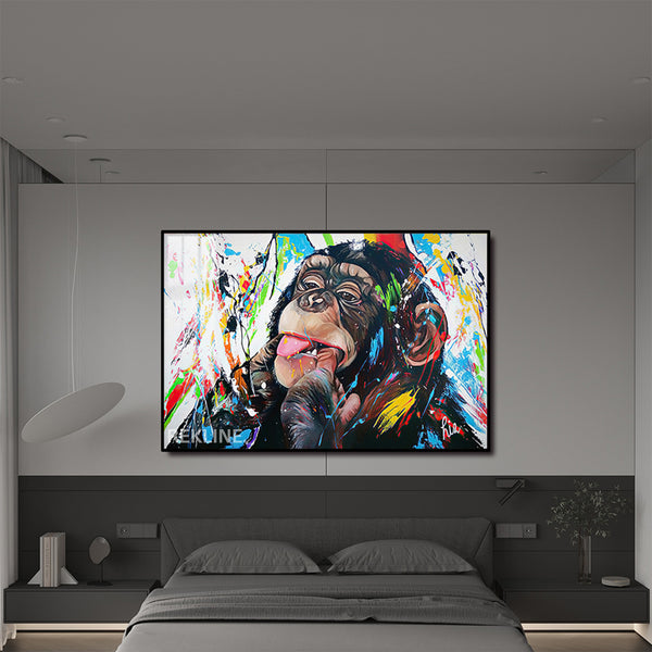 Colorful Chimp LED Canvas | Horizontal Monkey Canvas 150×100 cm | LED-Illuminated Crystal-Porcelain Painting, Gold/Black Frame | By REKLINE