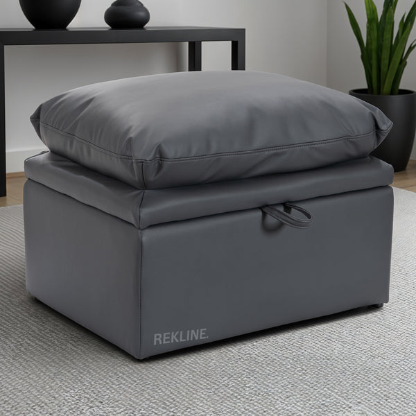 Large Grey Leather Footstool | Padded Storage Ottoman for Sofa | 55cm H x 52cm W x 73cm L - Square  | Bari by REKLINE