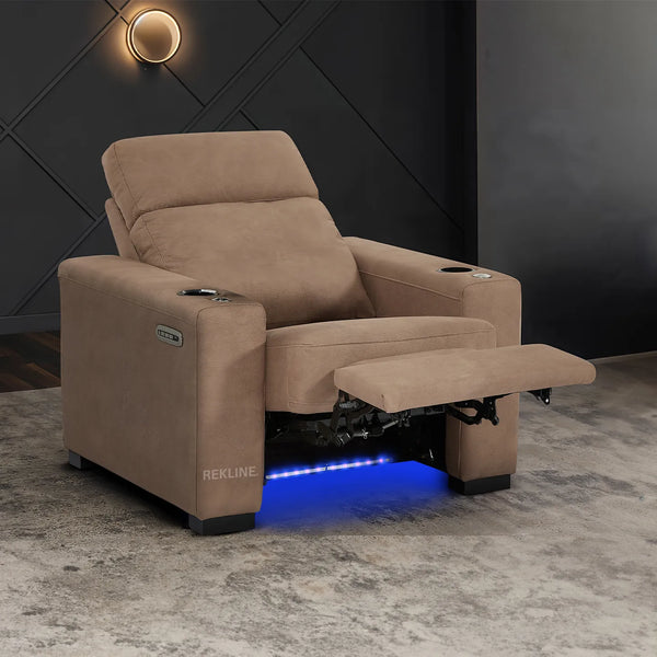 Electric Recliner Armchair in Tan Fabric | Movie & Home Cinema Chair | Power Headrest & Automatic Lumbar Support | High-Back & Removable Tables | Palmero by REKLINE