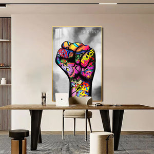 Raised Fist LED Graffiti Art Canvas Wall Decor | Remote Control & Wired Plug | Gold or Black Aluminium Frame | Large 100 × 150 cm Street-Art Print | Rekline