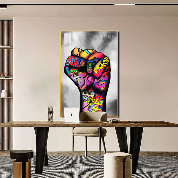 Raised Fist LED Graffiti Art Canvas Wall Decor | Remote Control & Wired Plug | Gold or Black Aluminium Frame | Large 100 × 150 cm Street-Art Print | Rekline