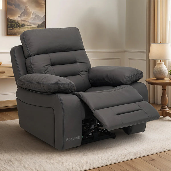 Electric Recliner Armchair in Grey Fabric | Movie & Home Cinema Chair with 8-Point Massage & Power Headrest | High-Back + Padded Lumbar | Tuscany by REKLINE