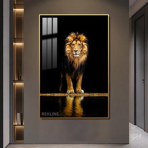 Midnight Lion LED Canvas | Remote & Plug, Gold/Black Alloy Frame | 100 × 150 cm | By REKLINE