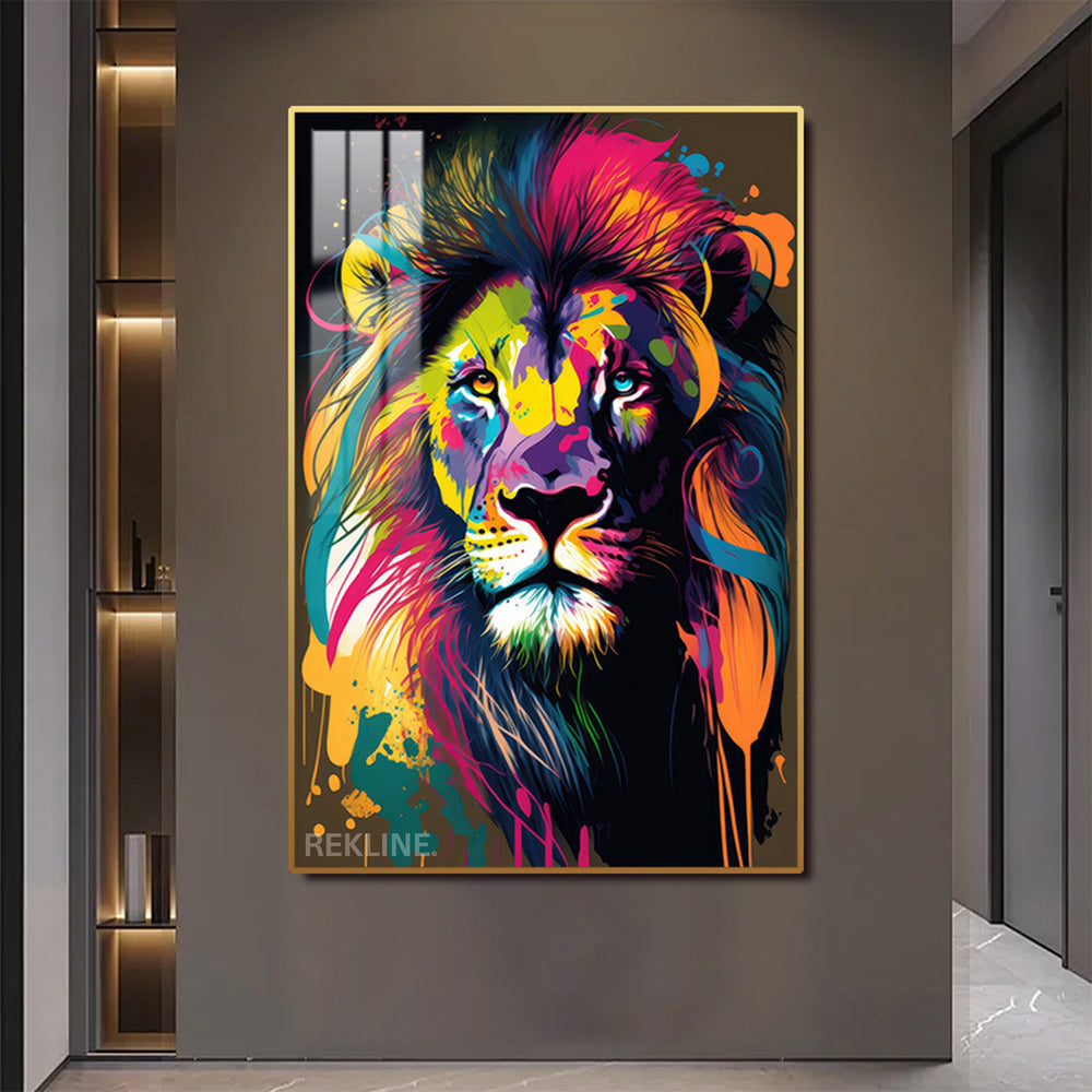 Abstract colourful lion head with drips under LED backlight