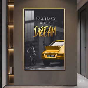 Inspirational Quotes Wall Art | LED-Backlit “It All Starts with a Dream” Wall Art Canvas | 100 × 150 cm XL Canvas in Gold/Black Alloy Frame | By REKLINE