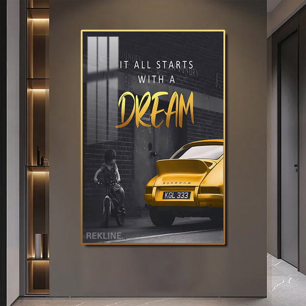 Inspirational Quotes Wall Art | LED-Backlit “It All Starts with a Dream” Wall Art Canvas | 100 × 150 cm XL Canvas in Gold/Black Alloy Frame | By REKLINE