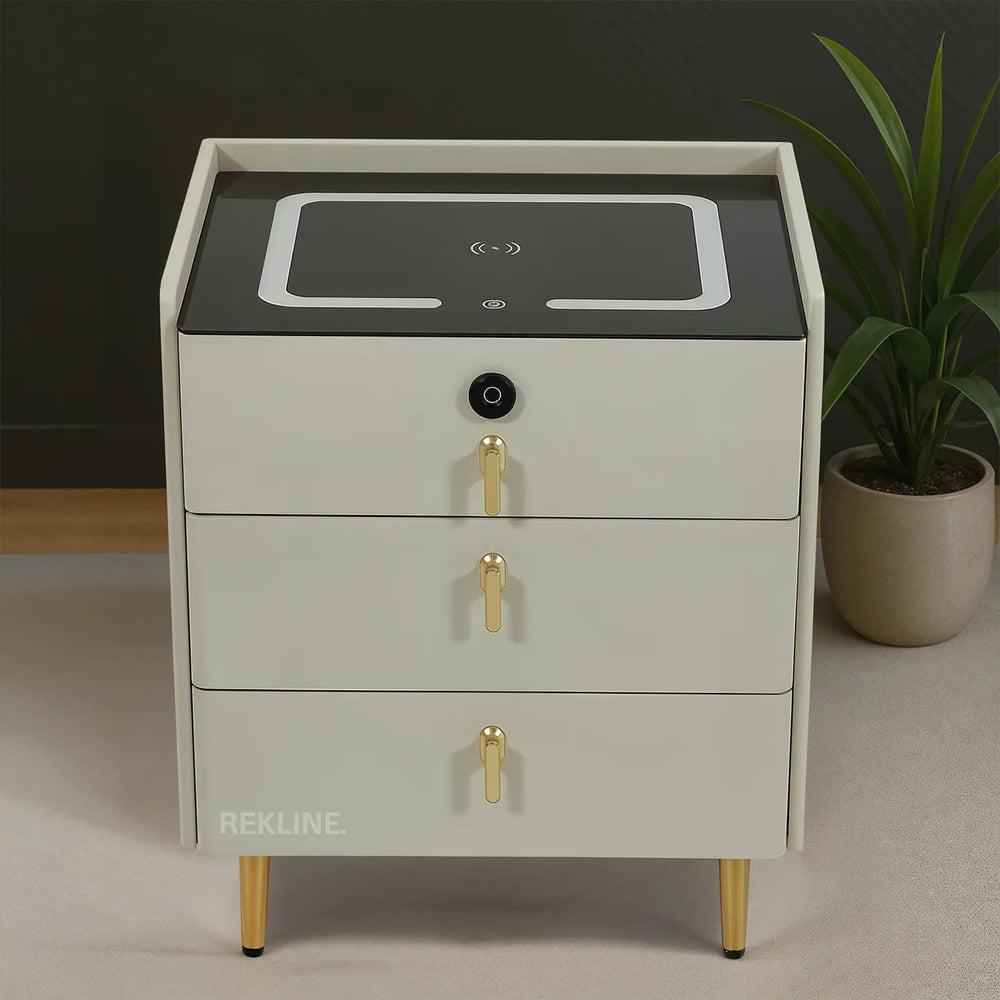 White 3-drawer bedside table with LED ring light, wireless charging pad, USB ports, Bluetooth speaker, and fingerprint lock