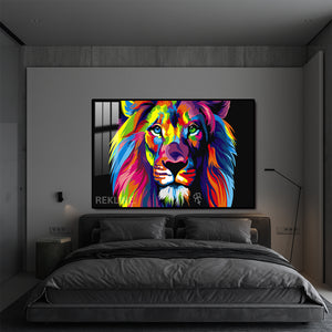 Colorful Lion Painting | Horizontal 150×100 cm LED Canvas, LED-Lit Crystal-Porcelain Art, in Gold/Black Frame | By REKLINE
