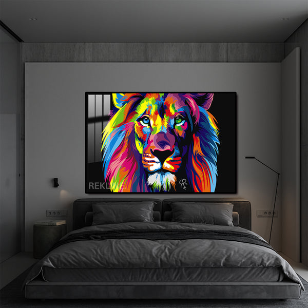 Colorful Lion Painting | Horizontal 150×100 cm LED Canvas, LED-Lit Crystal-Porcelain Art, in Gold/Black Frame | By REKLINE