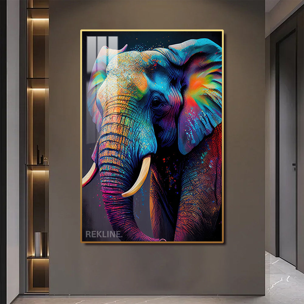 Abstract colourful elephant painting on illuminated canvas with alloy frame