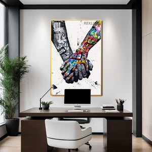 Holding Hands Painting Wall Art | Colourful Art Print With Gold/Black Alloy Frame, Remote & Plug | 100 × 150 cm | By REKLINE