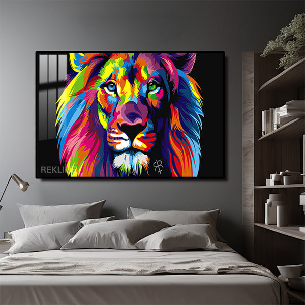 Colorful Lion Painting | Horizontal 150×100 cm LED Canvas, LED-Lit Crystal-Porcelain Art, in Gold/Black Frame | By REKLINE