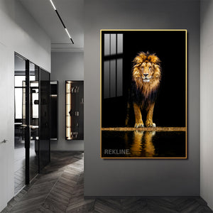 Midnight Lion LED Canvas | Remote & Plug, Gold/Black Alloy Frame | 100 × 150 cm | By REKLINE