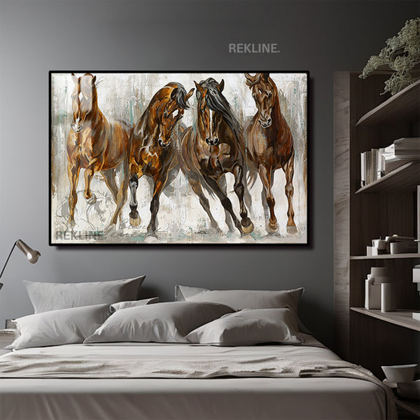 Abstract Horse Painting Wall Art | Horizontal 150×100 cm, Gold Aluminum Frame with LED Light | Rekline