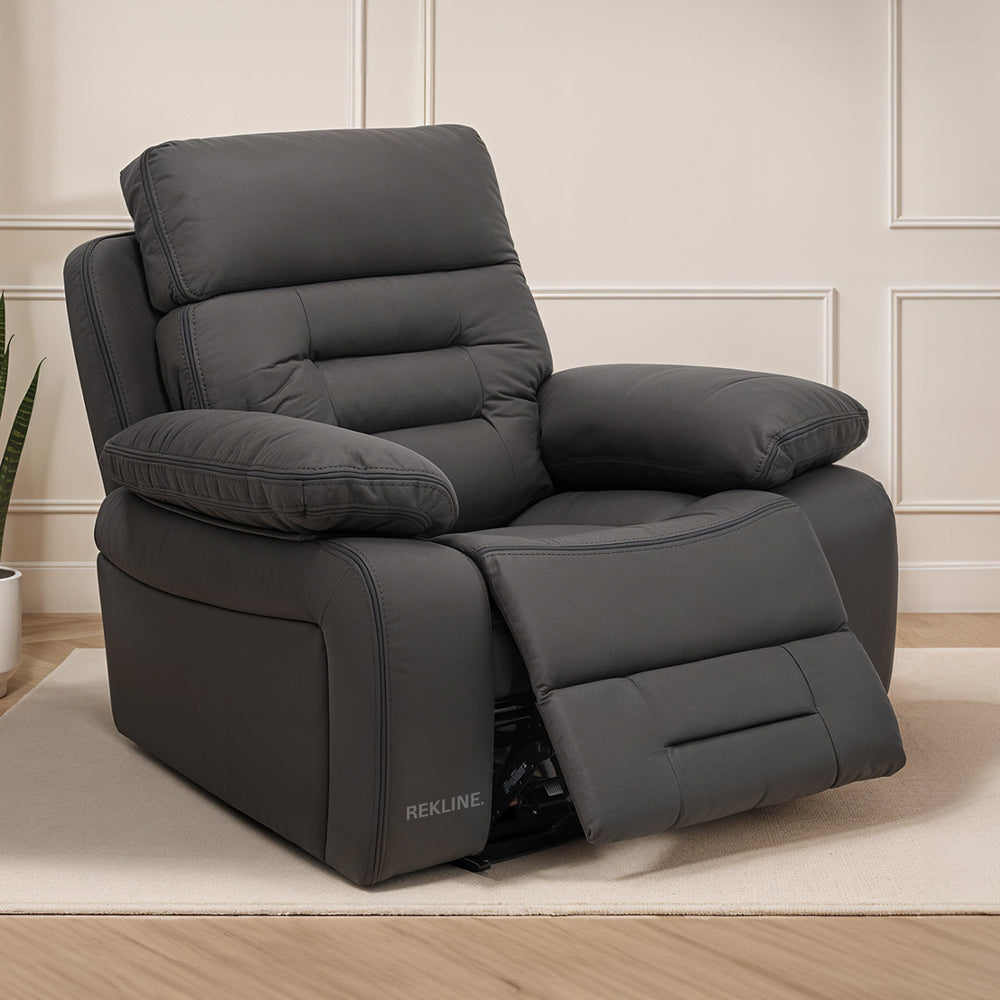 Electric Recliner Armchair in Grey Fabric | Movie & Home Cinema Chair with 8-Point Massage & Power Headrest | High-Back + Padded Lumbar | Tuscany by REKLINE