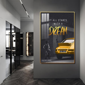 Inspirational Quotes Wall Art | LED-Backlit “It All Starts with a Dream” Wall Art Canvas | 100 × 150 cm XL Canvas in Gold/Black Alloy Frame | By REKLINE