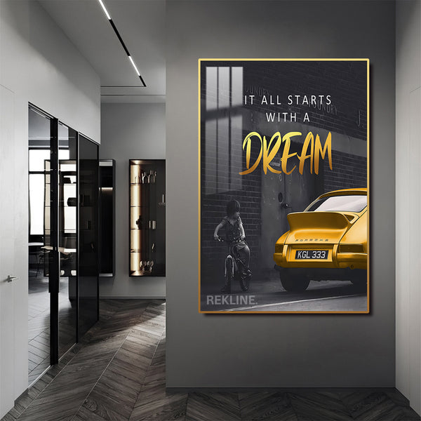 Inspirational Quotes Wall Art | LED-Backlit “It All Starts with a Dream” Wall Art Canvas | 100 × 150 cm XL Canvas in Gold/Black Alloy Frame | By REKLINE