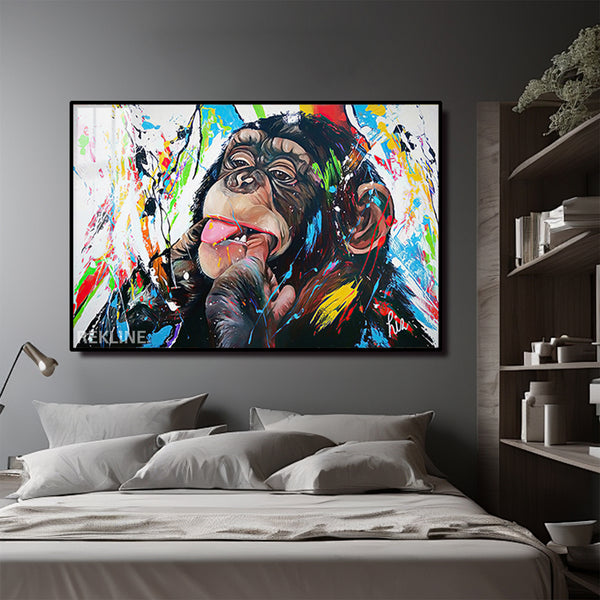 Colorful Chimp LED Canvas | Horizontal Monkey Canvas 150×100 cm | LED-Illuminated Crystal-Porcelain Painting, Gold/Black Frame | By REKLINE