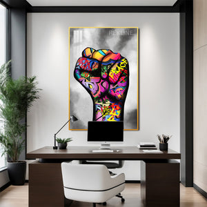 Raised Fist LED Graffiti Art Canvas Wall Decor | Remote Control & Wired Plug | Gold or Black Aluminium Frame | Large 100 × 150 cm Street-Art Print | Rekline