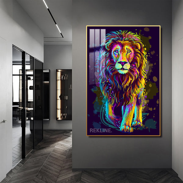 Colourful Lion LED Canvas Painting | Remote & Plug, Gold/Black Alloy Frame | Large 100 × 150 cm Vertical Pains | by REKLINE