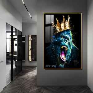 Gorilla Pqinting Wall Art | LED Canvas in Gold / Black Alloy Frame with Remote & Plug | 100 × 150 cm Large Canvas | By REKLINE