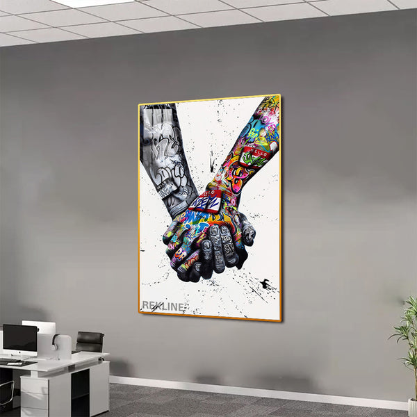 Holding Hands Painting Wall Art | Colourful Art Print With Gold/Black Alloy Frame, Remote & Plug | 100 × 150 cm | By REKLINE