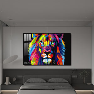 Colorful Lion Painting | Horizontal 150×100 cm LED Canvas, LED-Lit Crystal-Porcelain Art, in Gold/Black Frame | By REKLINE