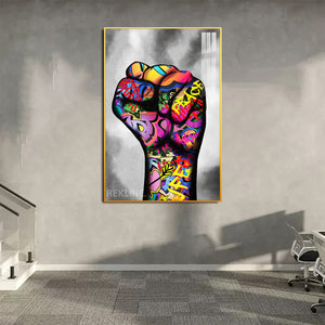 Raised Fist LED Graffiti Art Canvas Wall Decor | Remote Control & Wired Plug | Gold or Black Aluminium Frame | Large 100 × 150 cm Street-Art Print | Rekline