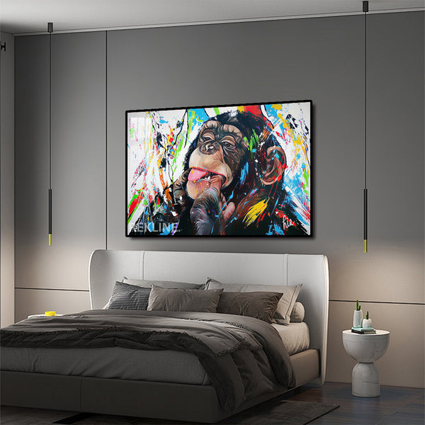 Colorful Chimp LED Canvas | Horizontal Monkey Canvas 150×100 cm | LED-Illuminated Crystal-Porcelain Painting, Gold/Black Frame | By REKLINE