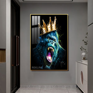 Gorilla Pqinting Wall Art | LED Canvas in Gold / Black Alloy Frame with Remote & Plug | 100 × 150 cm Large Canvas | By REKLINE