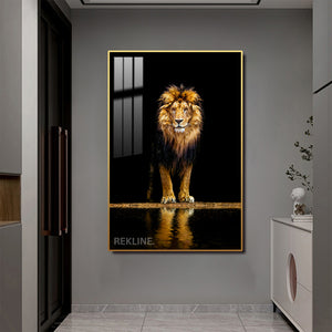 Midnight Lion LED Canvas | Remote & Plug, Gold/Black Alloy Frame | 100 × 150 cm | By REKLINE