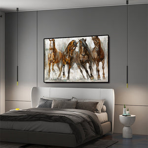Abstract Horse Painting Wall Art | Horizontal 150×100 cm, Gold Aluminum Frame with LED Light | Rekline