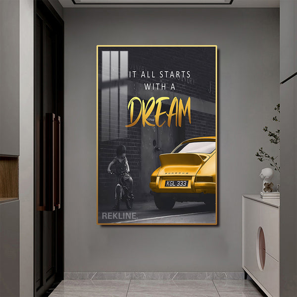 Inspirational Quotes Wall Art | LED-Backlit “It All Starts with a Dream” Wall Art Canvas | 100 × 150 cm XL Canvas in Gold/Black Alloy Frame | By REKLINE