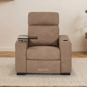 Electric Recliner Armchair in Tan Fabric | Movie & Home Cinema Chair | Power Headrest & Automatic Lumbar Support | High-Back & Removable Tables | Palmero by REKLINE