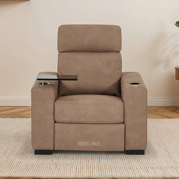 Electric Recliner Armchair in Tan Fabric | Movie & Home Cinema Chair | Power Headrest & Automatic Lumbar Support | High-Back & Removable Tables | Palmero by REKLINE