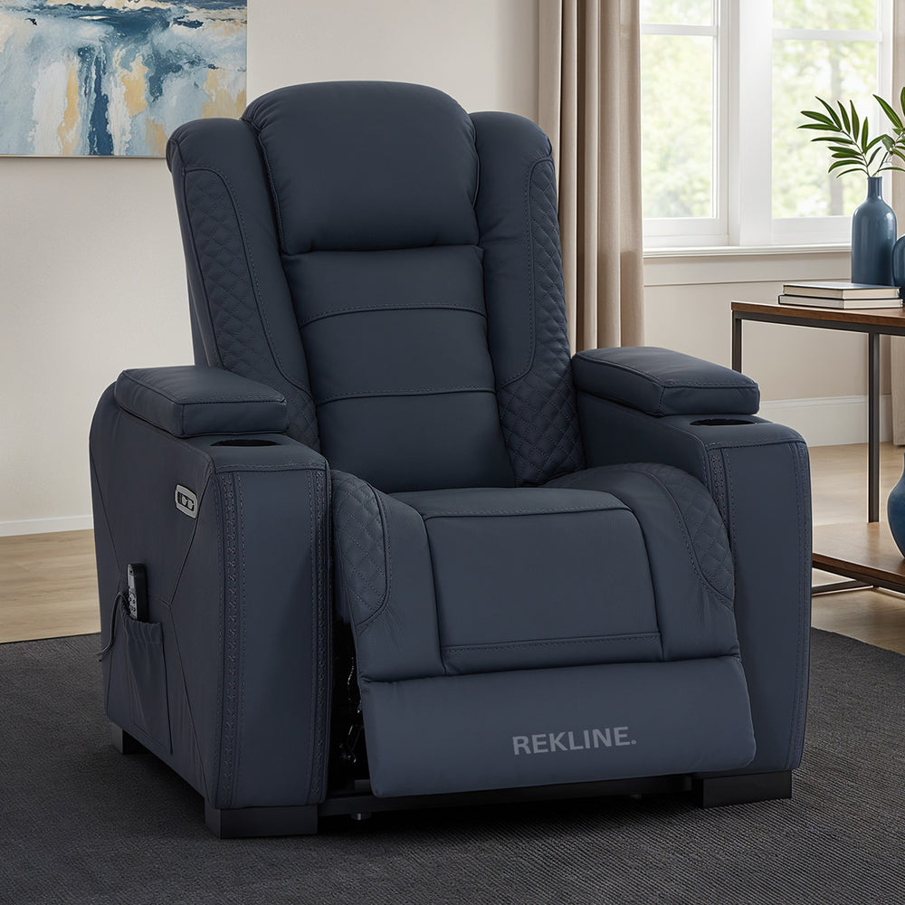 Home Cinema Chair in Blue Real Leather | Luxury for Gaming & Movie Theatre Seating | Electric Recliner with 8-Point Massage, Heated Seats & Power Headrests | Napoli by REKLINE