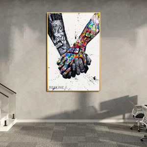 Holding Hands Painting Wall Art | Colourful Art Print With Gold/Black Alloy Frame, Remote & Plug | 100 × 150 cm | By REKLINE