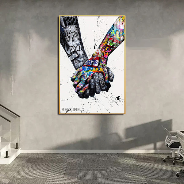 Holding Hands Painting Wall Art | Colourful Art Print With Gold/Black Alloy Frame, Remote & Plug | 100 × 150 cm | By REKLINE
