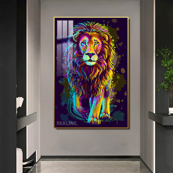 Colourful Lion LED Canvas Painting | Remote & Plug, Gold/Black Alloy Frame | Large 100 × 150 cm Vertical Pains | by REKLINE