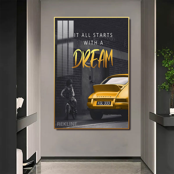 Inspirational Quotes Wall Art | LED-Backlit “It All Starts with a Dream” Wall Art Canvas | 100 × 150 cm XL Canvas in Gold/Black Alloy Frame | By REKLINE