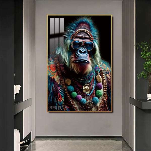 Gorilla Painting Canvas Wall Art | LED Canvas in Gold/Black Alloy Frame | 100 × 150 cm Large Canvas | By REKLINE