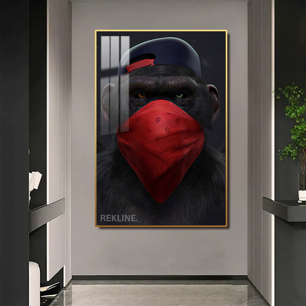Front-facing chimp in cap & red bandana, LED halo canvas.