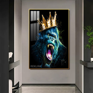 Gorilla Pqinting Wall Art | LED Canvas in Gold / Black Alloy Frame with Remote & Plug | 100 × 150 cm Large Canvas | By REKLINE