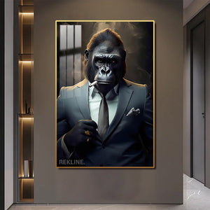 Smoking Gorilla King LED Canvas | Wall Art Painting in Gold/Black Frame Gorilla Portrait Wall Art, LED-Lit Crystal-Porcelain Painting | 100×150 cm | By REKLINE