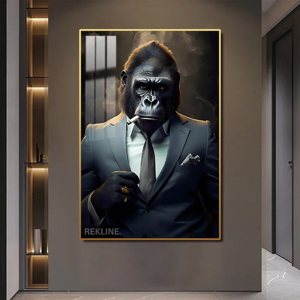 Smoking Gorilla King LED Canvas | Wall Art Painting in Gold/Black Frame Gorilla Portrait Wall Art, LED-Lit Crystal-Porcelain Painting | 100×150 cm | By REKLINE