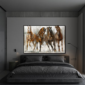Abstract Horse Painting Wall Art | Horizontal 150×100 cm, Gold Aluminum Frame with LED Light | Rekline